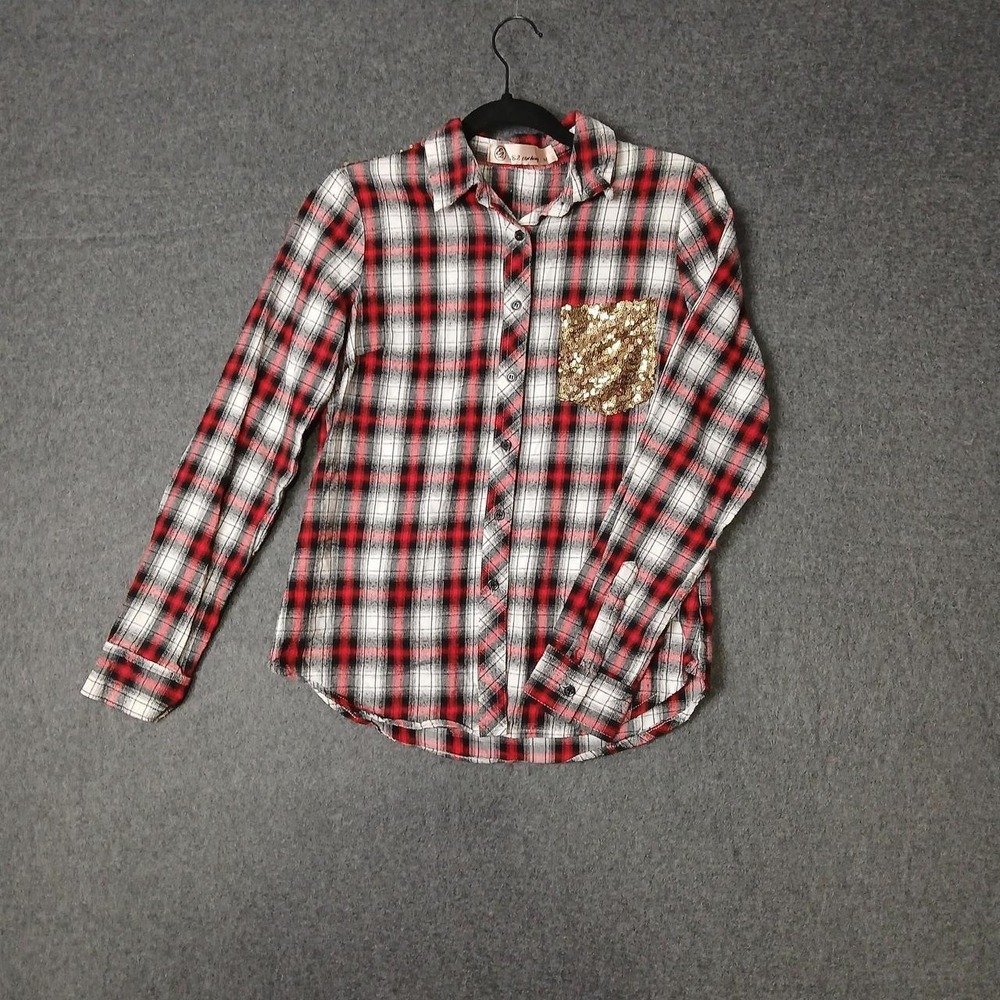 E2 Clothing M flannel shirt 100% cotton grunge chic cottage sequin trim fall